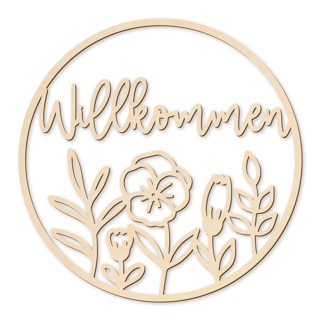 Rundes Holzschild Willkommen mit Blumenmotiv aus Birkensperrholz