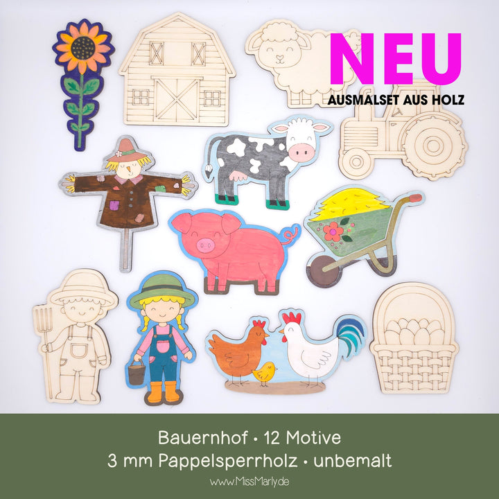 Malset Bauernhof aus Holz – 12 Motive aus 3 mm Pappelsperrholz, teilweise bemalt als Gestaltungsbeispiel