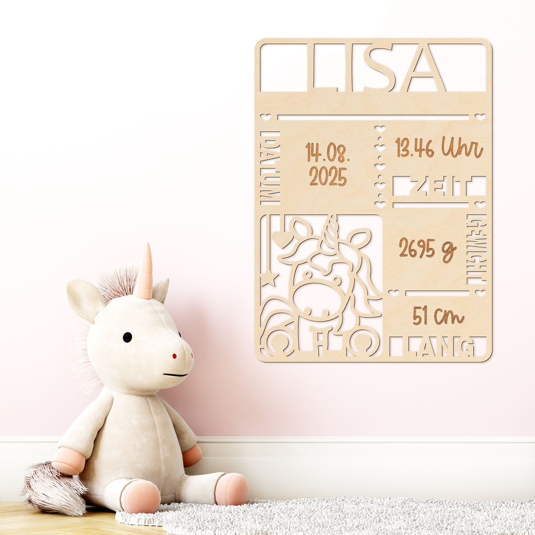 Schild zur Geburt mit Name aus Holz – Einhorn-Tafel