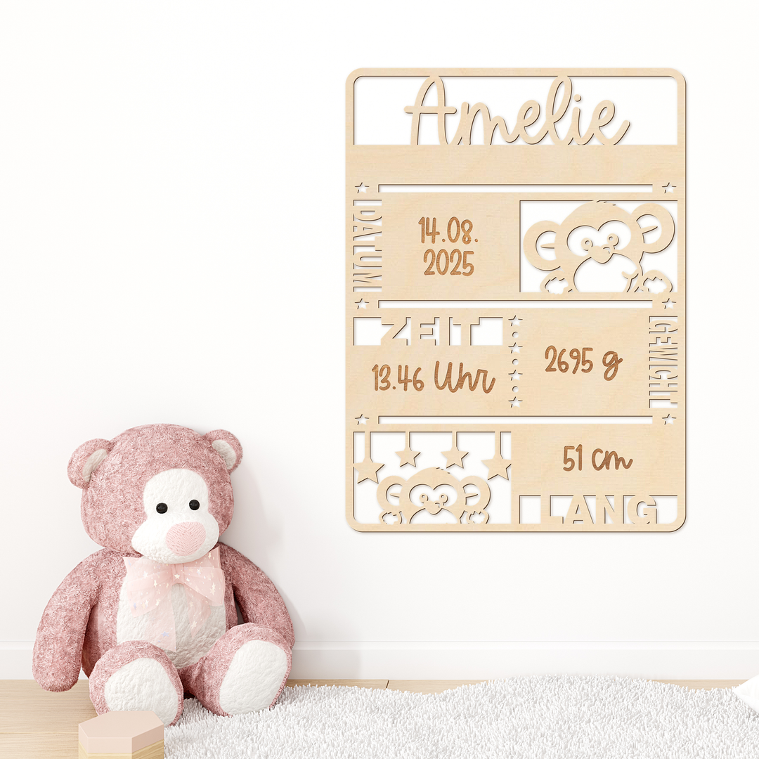 Schild zur Geburt mit Name aus Holz – Affen-Tafel