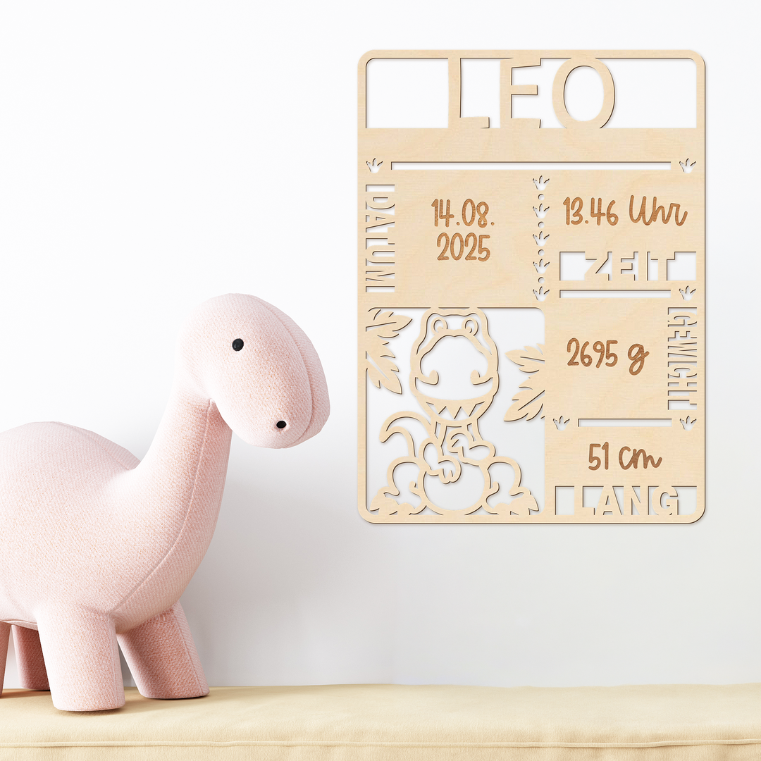Schild zur Geburt mit Name aus Holz – Dinosaurier-Tafel