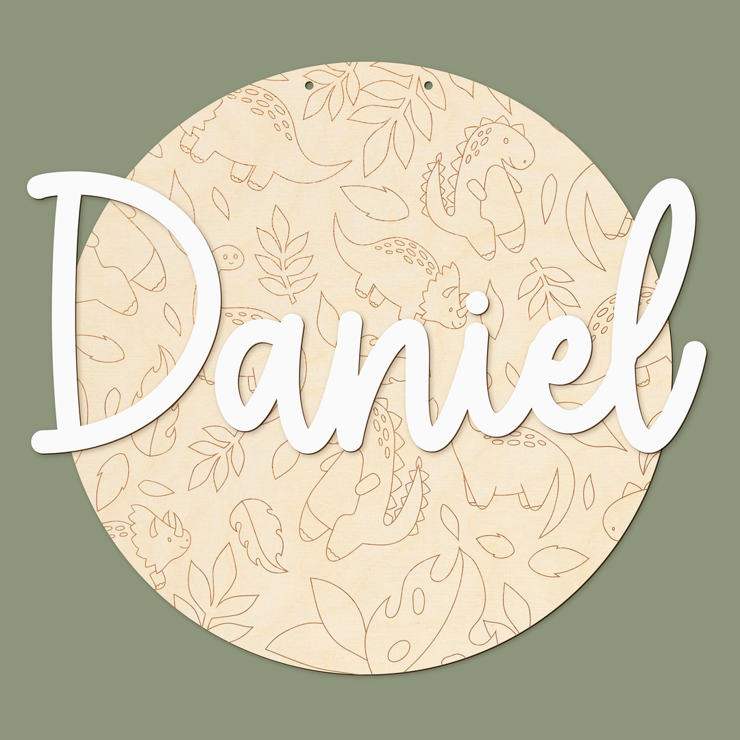 Personalisiertes Schild mit Name aus Holz – Dinosaurierwelt