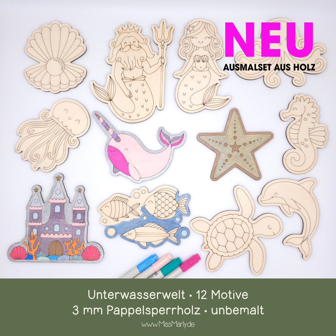 Malset Unterwasserwelt aus Holz – 12 Motive aus 3 mm Pappelsperrholz, teilweise bemalt als Gestaltungsbeispiel
