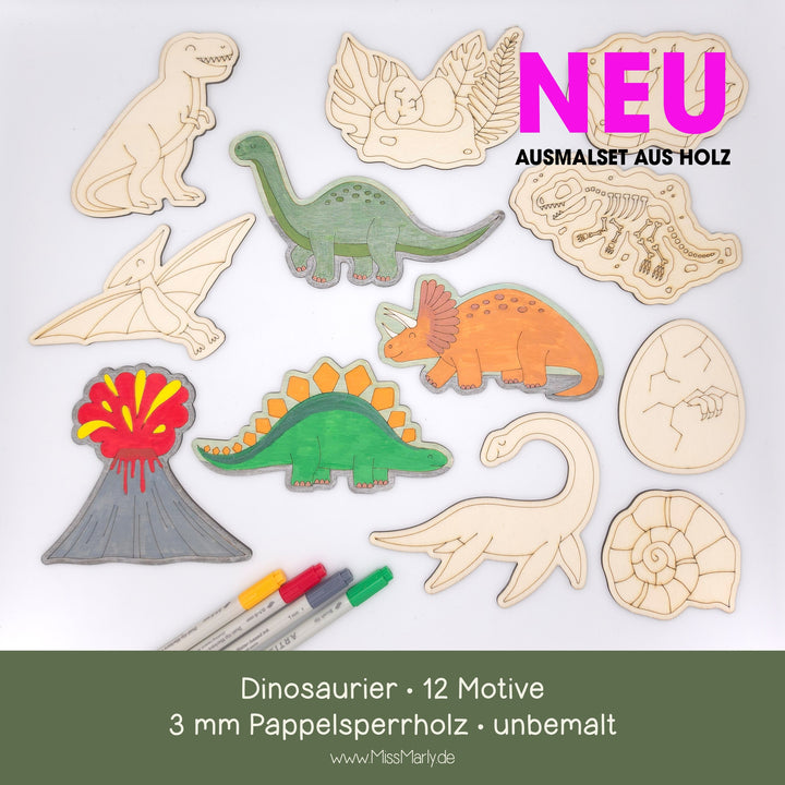 Malset Dinosaurier aus Holz – 12 Motive aus 3 mm Pappelsperrholz, teilweise bemalt als Gestaltungsbeispiel