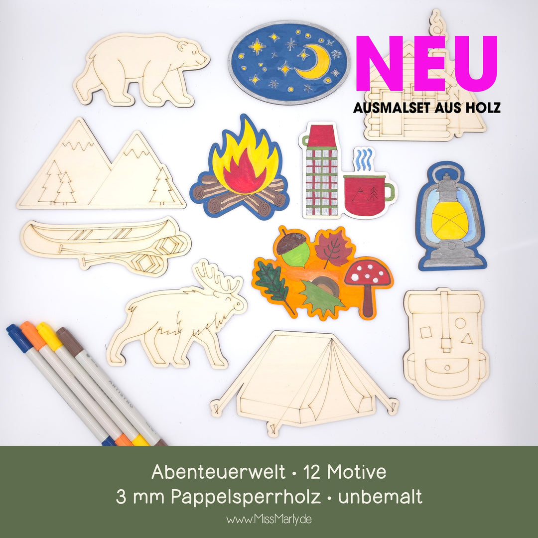 Malset Abenteuerwelt aus Holz – 12 Motive aus 3 mm Pappelsperrholz, teilweise bemalt als Gestaltungsbeispiel