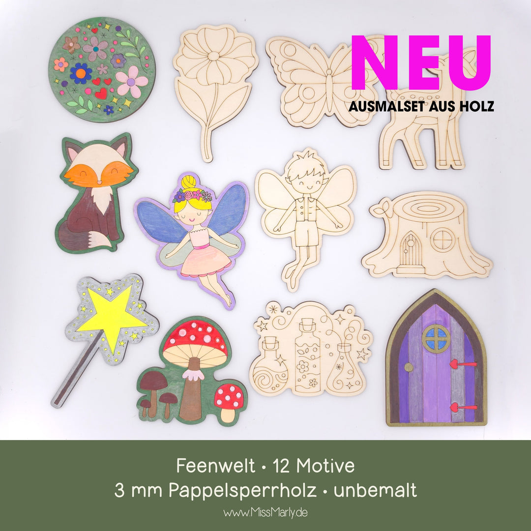 Malset Feenwelt aus Holz – 12 Motive aus 3 mm Pappelsperrholz, teilweise bemalt als Gestaltungsbeispiel