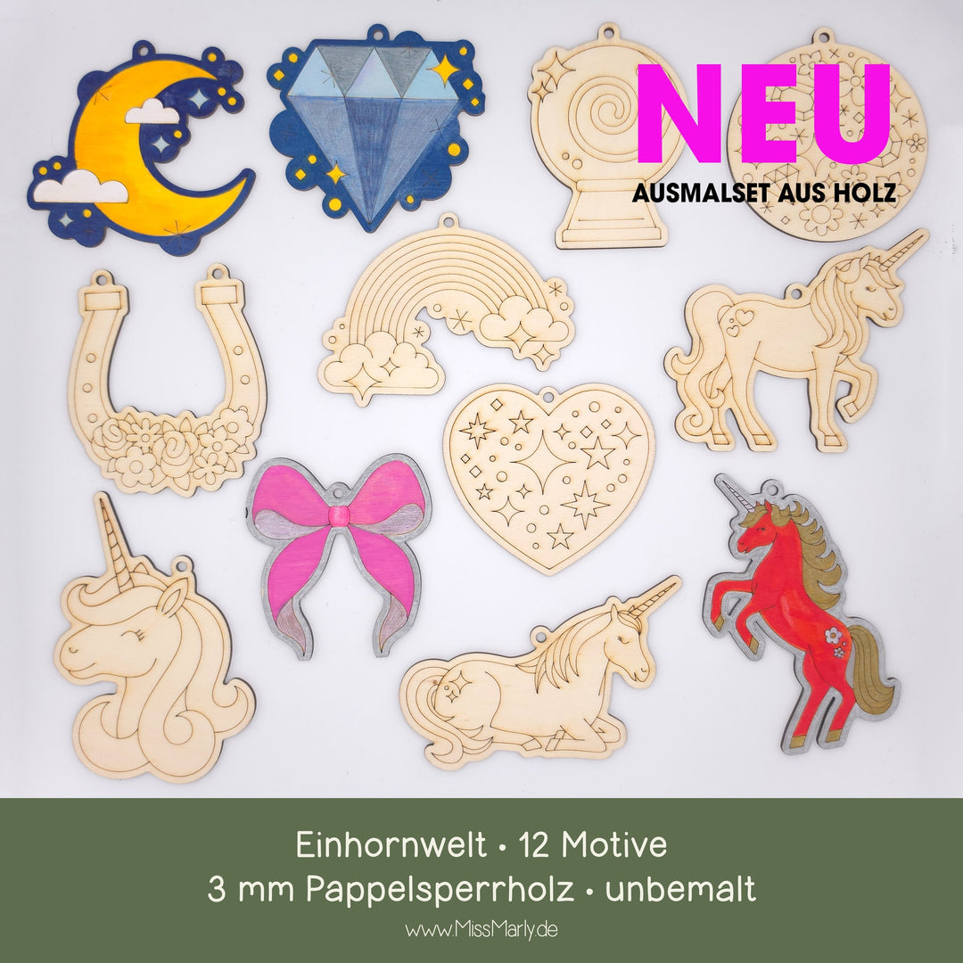 Malset Einhornwelt aus Holz – 12 Motive aus 3 mm Pappelsperrholz, teilweise bemalt als Gestaltungsbeispiel