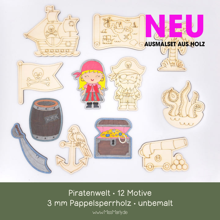 Malset Piratenwelt aus Holz – 12 Motive aus 3 mm Pappelsperrholz, teilweise bemalt als Gestaltungsbeispiel